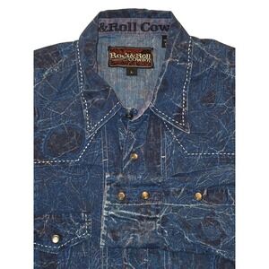 Rock & Roll Cowboy Western Paisley Pearl Snap Shirt Mens L Blue Long Sleeve